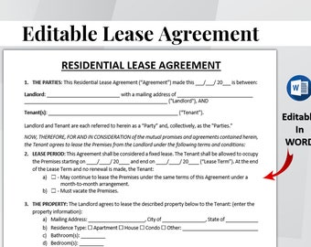 Modèle de contrat de location résidentielle modifiable. Modèle de contrat de location imprimable. Formulaire de propriétaire Contrat d'appartement de logement Microsoft Word.
