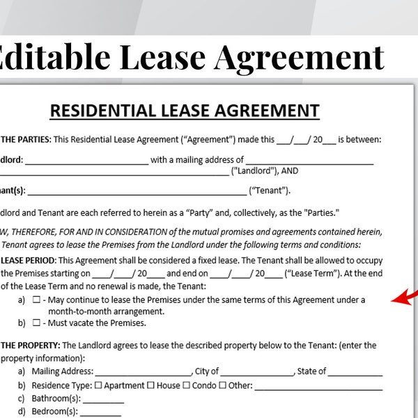 Editable Residential Lease Agreement Template. Printable Rental Agreement Template. Landlord Form Housing Apartment Contract Microsoft Word.