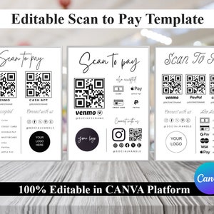EDITABLE Scan to Pay Card. QR Code Sign Templates. Scan To Pay Sign Payment Printable. Paypal, Venmo, CashApp Sign for Small Business. Canva