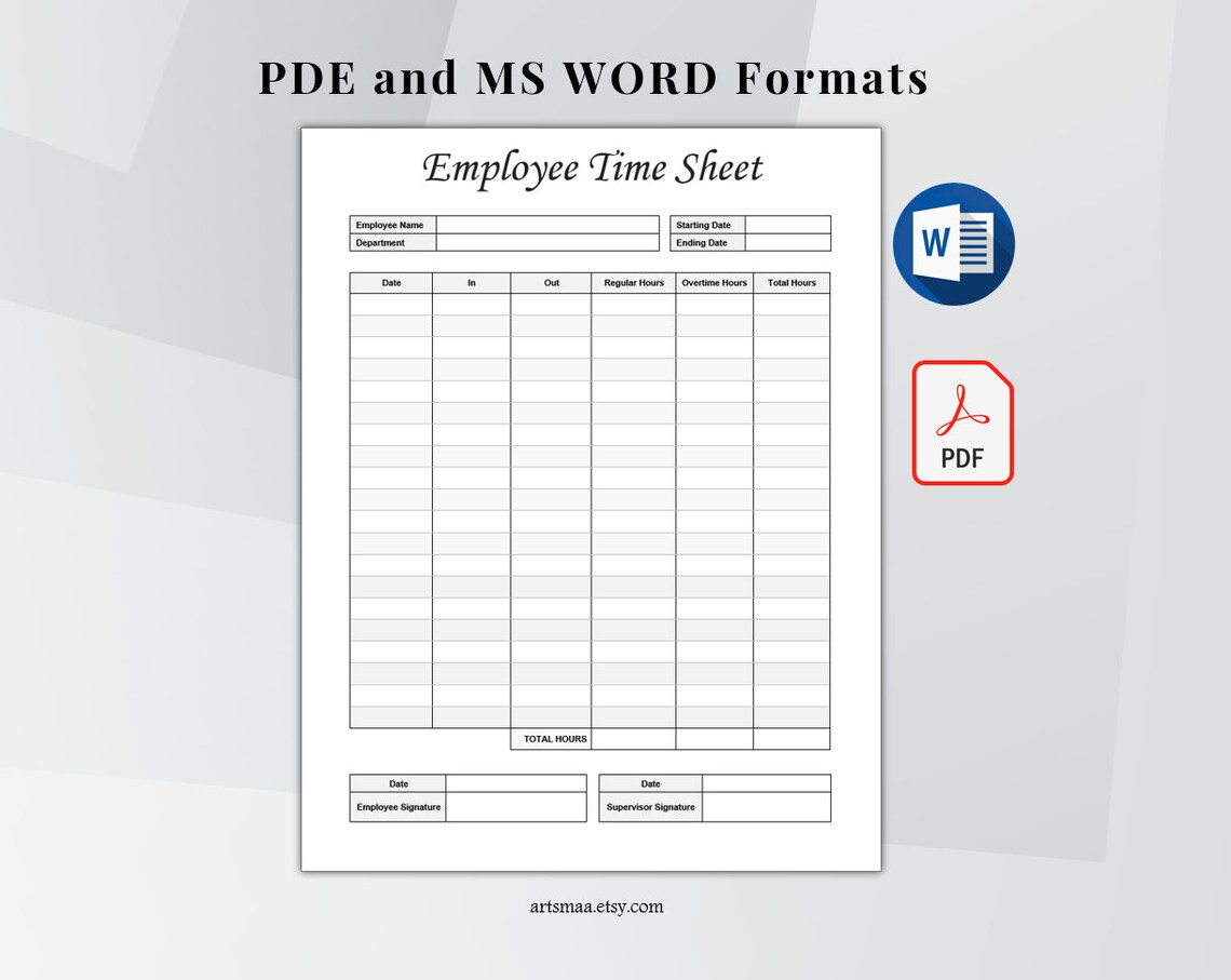 Employee Time Sheet Editable. Timekeeping Sheet. Printable Timesheet
