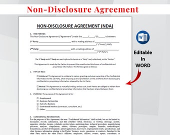 Non-Disclosure Agreement Template Editable. Printable NDA forms. Confidential Disclosure Agreement. NDA Template Agreement. Ms Word/PDF.