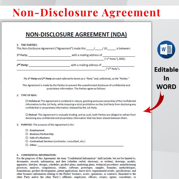 Non-Disclosure Agreement Template Editable. Printable NDA forms. Confidential Disclosure Agreement. NDA Template Agreement. Ms Word/PDF.