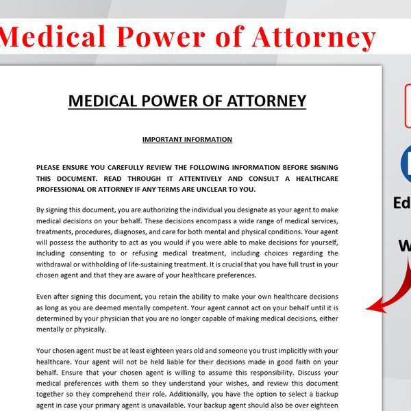 Medical Power of Attorney Template. Editable Medical Power of Attorney Form. Printable Health Care Power of Attorney. Instant Download.
