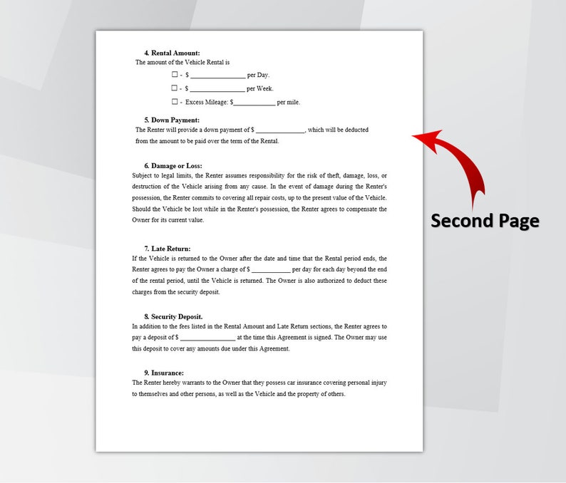 Editable Car Rental Agreement Template, Car Rental Contract, Printable Vehicle Lease Contract, Vehicle Rental Agreement, MS Word 6 PDF Files image 3