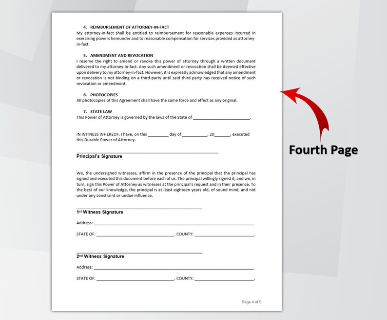 Durable Power of Attorney Template. Editable & Printable Durable Power of Attorney Form. POA Form. Instant Download. image 5