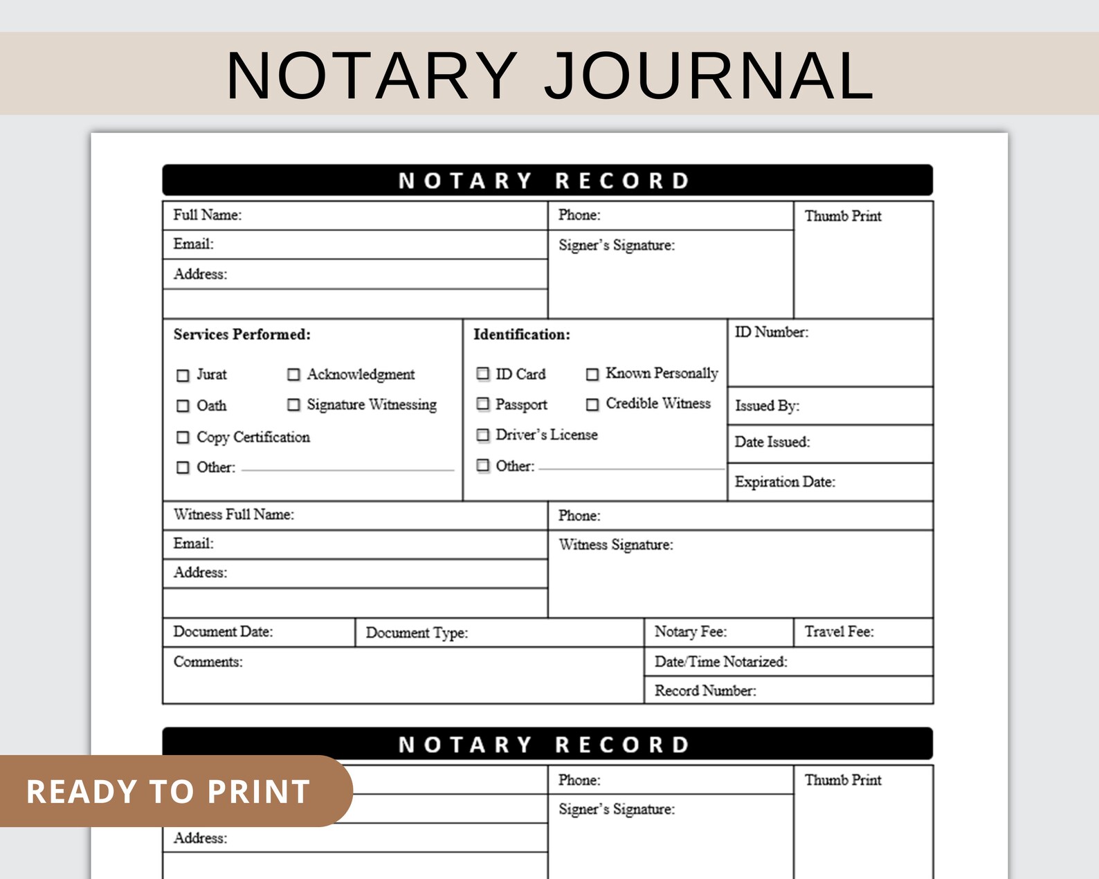 Printable Notary Journal. Notary Public Record Book. Notary Log Journal ...