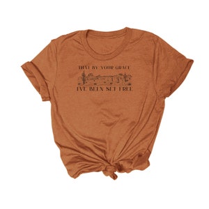 May include: A brown t-shirt with a graphic of a desert landscape and the text "That by your grace I've been set free".