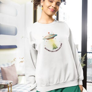 Beaming with Christmas Spirit Sweatshirt, UFO Christmas Shirt, E.T. Gift Holiday Top, Space Ship Alien Xmas Sci-Fi Crewneck, UFO Alien Lover