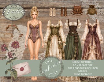 Nadine Romantic Dress‑Up Doll – Floral Vintage Printable Ephemera for Scrapbooks & Journals