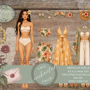Peut inclure: Un ensemble de poupées en papier numérique avec un personnage aux longs cheveux bruns, diverses tenues à motifs floraux dont un paréo, une robe longue et un kimono, ainsi que des accessoires, avec un texte indiquant une taille de page de 8,5 x 11.