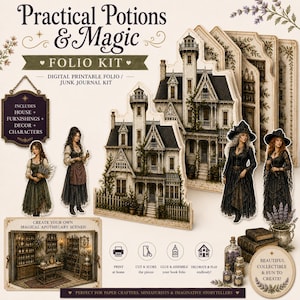 Puede incluir: Un kit de folio y diario creativo imprimible titulado Practical Potions & Magic Folio Kit. El conjunto incluye recortes de una casa de varios pisos, dos mujeres con vestimenta histórica, dos brujas y una escena de una botica.