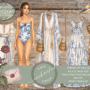 May include: A digital illustration of a paper doll with various outfits and accessories. The outfits include a swimsuit, dress, and robe, all with blue floral patterns. Accessories include a straw bag, sandals, and a sun hat. The text reads "Dress-Up Dolls".