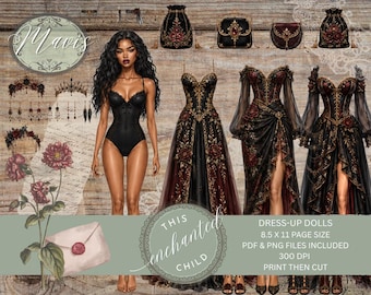 Mavis Fantasy Dress‑Up Doll – Gothic Queen Printable Ephemera for Scrapbooks & Journals