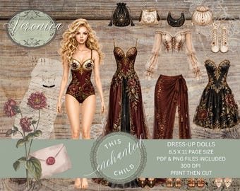 Veronica Fantasy Dress‑Up Doll – Regal Burgundy Printable Ephemera for Scrapbooks & Journals