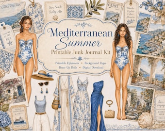 Mediterranean Summer Printable Junk Journal Kit, Paper Doll Dress Up Set, Blue White Ephemera, Travel Journal Pages, Digital Download