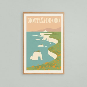 Lámina artística Montana De Oro, póster de viaje colorido de la Costa Central de California, arte retro de California