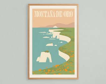 Montana De Oro Art Print, Colorful Vintage Central Coast California Travel Poster, Retro California Art