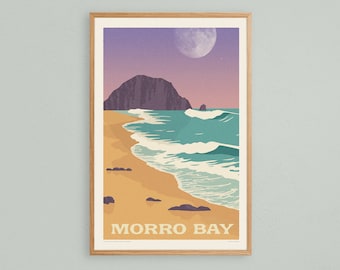 Morro Bay Art Print, Colorful Vintage Central Coast California Travel Poster, Retro California Art