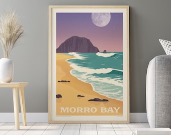 May include: A retro-style travel poster featuring a purple and pink sunset over a beach with a large rock formation in the distance. The text "MORRO BAY" is printed in white at the bottom of the poster.