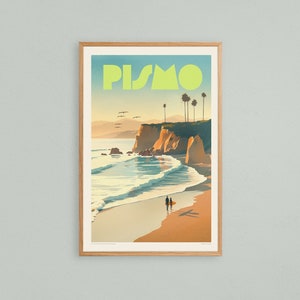 ピズモビーチアートプリント、カラフルなヴィンテージセントラルコーストカリフォルニア旅行ポスター、レトロなカリフォルニアアート