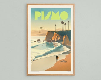 Pismo Beach Art Print, Colorful Vintage Central Coast California Travel Poster, Retro California Art