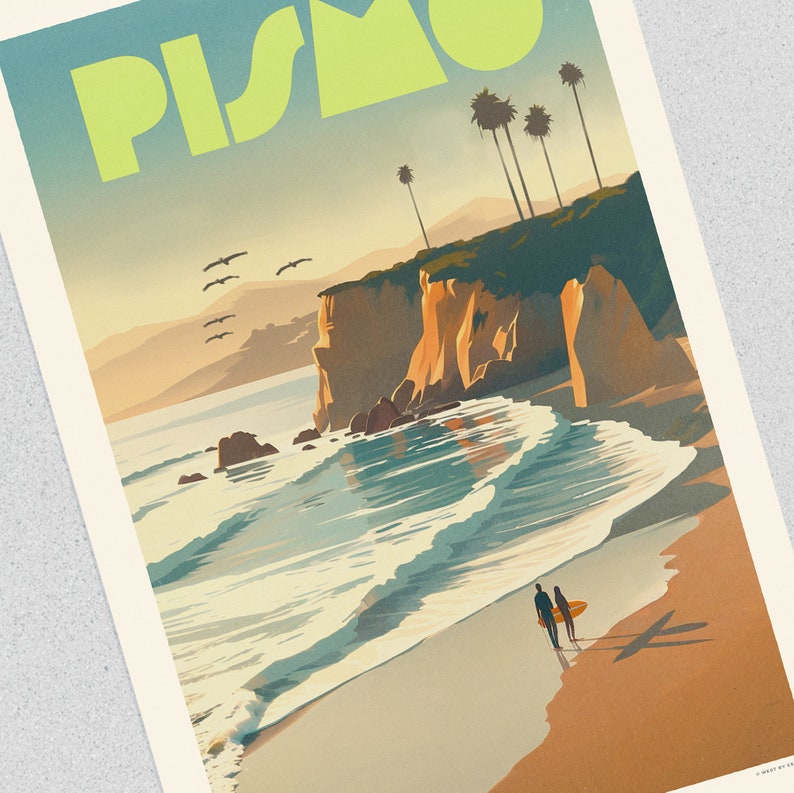 Pismo Beach Art Print, Colorful Vintage Central Coast California Travel