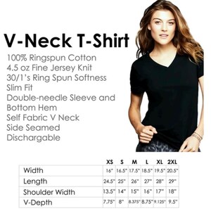 May include: A black V-neck t-shirt with a size chart showing measurements in inches. The shirt is made of 100% ringspun cotton and has a slim fit.