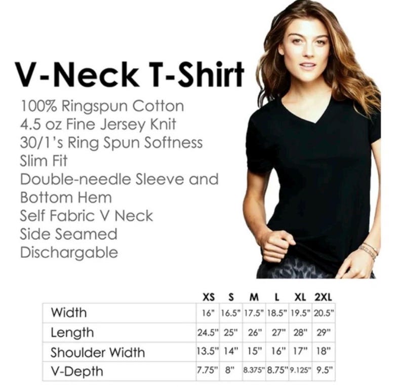 May include: A black V-neck t-shirt with a size chart showing measurements in inches. The shirt is made of 100% ringspun cotton and has a slim fit.