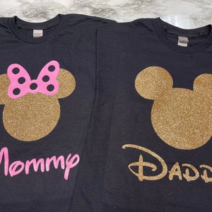Mickey Daddy of the Birthday Girl / Tshirt / Minnie Mommy of the Birthday Girl / Grandma / God Mom / Large Heads / Gold Glitter / Pink