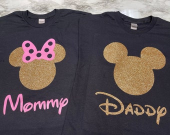 Mickey Daddy of the Birthday Girl / Tshirt / Minnie Mommy of the Birthday Girl / Grandma / God Mom / Large Heads / Gold Glitter / Pink