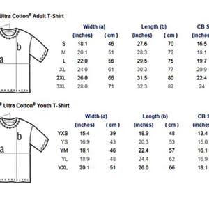 May include: A size chart for Gildan Ultra Cotton T-shirts. The chart shows the width, length, and sleeve length in inches and centimeters for both adult and youth sizes.