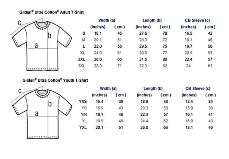 May include: A size chart for Gildan Ultra Cotton T-shirts. The chart shows the width, length, and sleeve length in inches and centimeters for both adult and youth sizes.