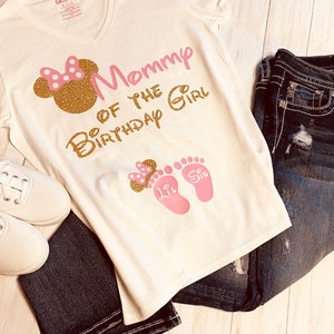 Pregnant Minnie Mouse Mommy of the Birthday Girl Tshirt / Mommy / Lil Sis Feet / Lil Bro Feet / Gold Glitter / Pink / Blue / Birthday
