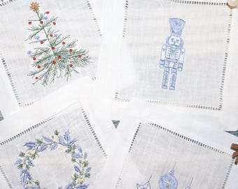 Christmas Napkins, Embroidered Coasters Holiday Decor | Nutcracker, Wreath, Tree & Baubles Set