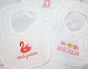 Custom Baby Bib, Soft Muslin with Embroidered Designs and Personalized Name