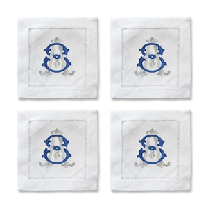 Personliga monogramunderlägg med 2 initialer, vita linneunderlägg, set om 4