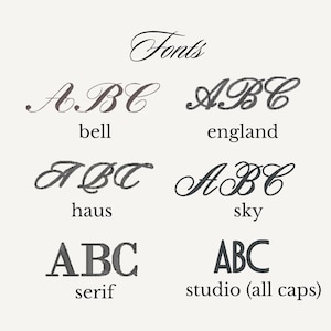 A white graphic displaying six font options for embroidery: Bell, England, Haus, Sky, Serif, and Studio (all caps).
