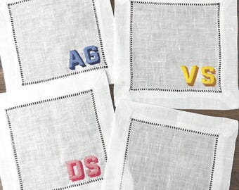 Monogrammed Linen Coasters Set | Embroidered Initial Napkins, Hostess Gift