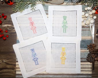 Nutcracker Embroidered Linen Coasters – 6x6” | Christmas Table Decor