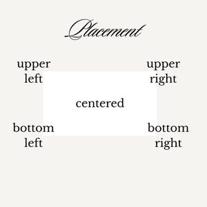 A white graphic illustrating five placement options for embroidery: upper left, upper right, centered, bottom left, and bottom right.