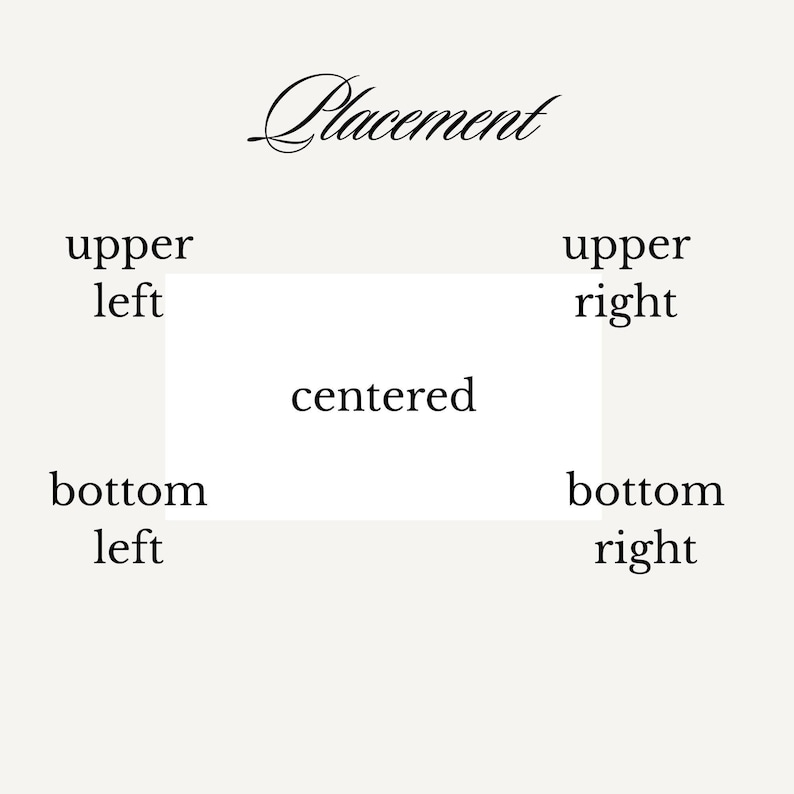 A white graphic illustrating five placement options for embroidery: upper left, upper right, centered, bottom left, and bottom right.