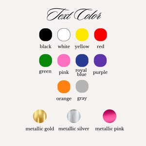 K&ouml;nnte beinhalten: Ein Farbfeld mit der Aufschrift "Text Color" oben. Die Farbpalette umfasst Schwarz, Wei&szlig;, Gelb, Rot, Gr&uuml;n, Pink, K&ouml;nigsblau, Lila, Orange, Grau, Metallic-Gold, Metallic-Silber und Metallic-Pink.