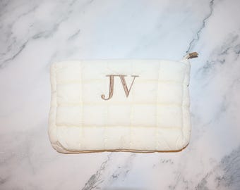 Personalized Puffer Makeup Bag, Embroidered Monogram Cosmetic Pouch, Bridesmaid Gift, Travel Toiletry Organizer