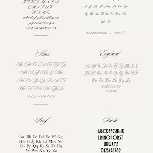 A white graphic showing detailed alphabets and numbers for six font styles: Bell, Sky, Haus, England, Serif, and Studio.