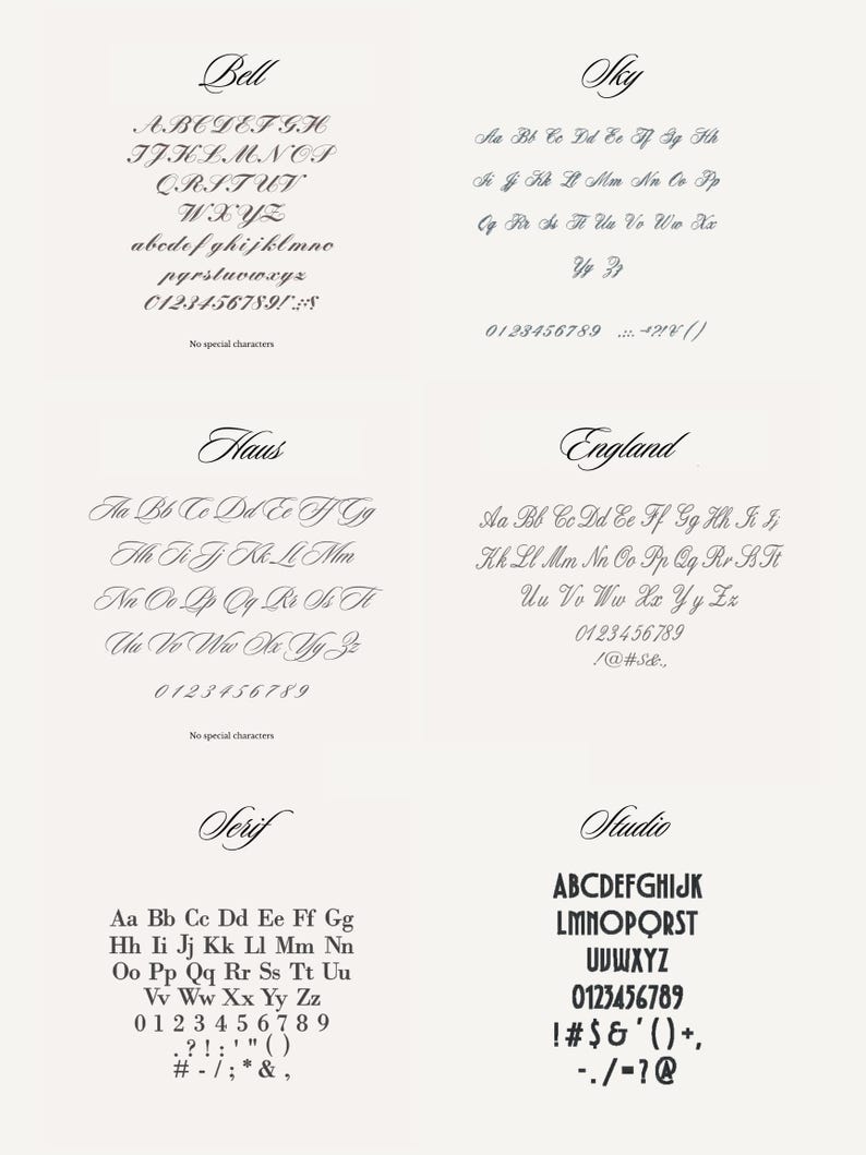 A white graphic showing detailed alphabets and numbers for six font styles: Bell, Sky, Haus, England, Serif, and Studio.