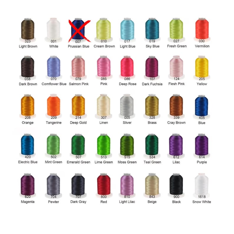 Puede incluir: Una carta de colores de carretes de hilo de bordar en varios colores, incluyendo marr&oacute;n, blanco, azul, verde y rojo. Cada carrete est&aacute; etiquetado con un n&uacute;mero y un nombre de color, como "Light Brown" y "White". El color Azul Prusiano est&aacute; tachado.