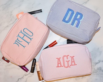Custom Makeup Bag, Seersucker Pouch Embroidered with Initials