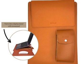 Personalized Debossed PU Leather Laptop Sleeve/Holder with Stand and Mousepad for 13", 14" and 15"