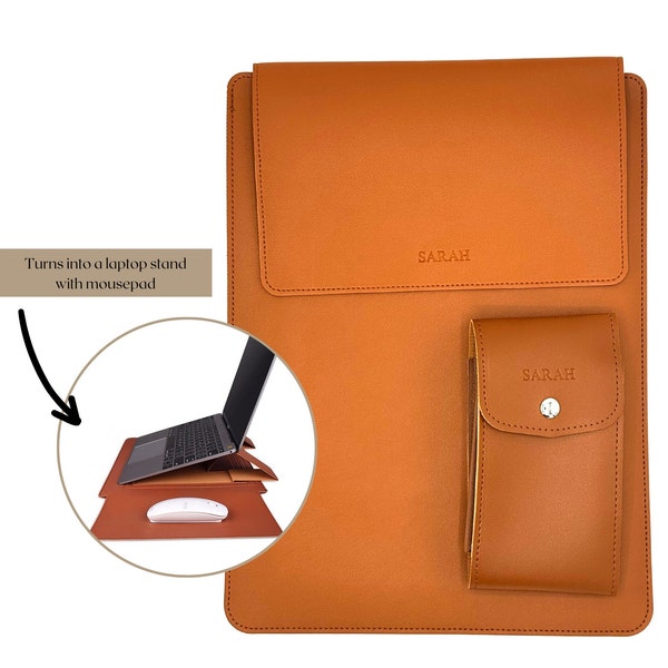 Personalized Debossed PU Leather Laptop Sleeve/Holder with Stand and Mousepad for 13", 14" and 15"