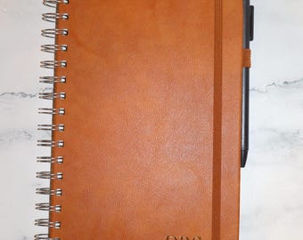 Personalized A5 Hardcover Spiral Leather Journal: Foil Stamped Initials, Pen Included
